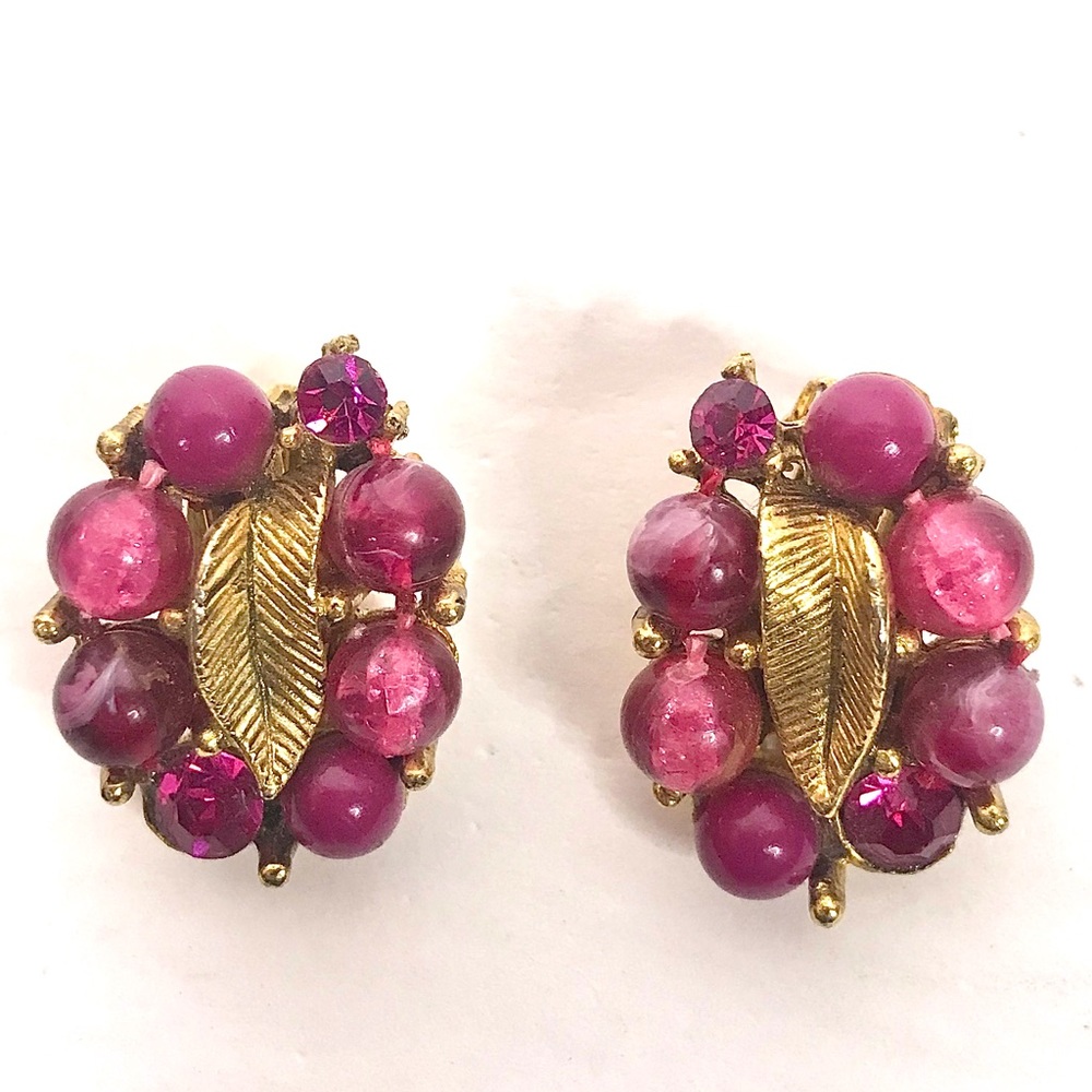Vintage Earrings Raspberry Pink Rhinestone Beaded - Picture 4 of 5